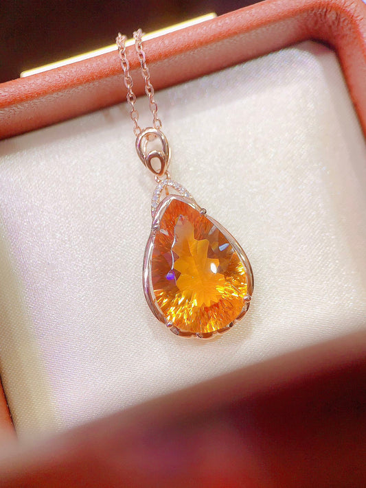 New Arrival! 18K Gold Diamond-Encrusted Citrine Pendant (Chain Not Included) - Exquisite Jewelry