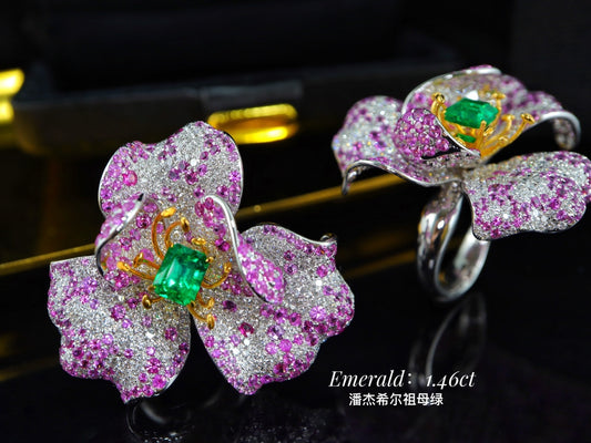 高端藝術花卉設計祖母綠戒指 - 奢華珠寶