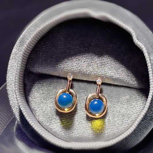 精美 18K 金嵌入式多米尼加蓝琥珀耳环 - 独特的珠宝
