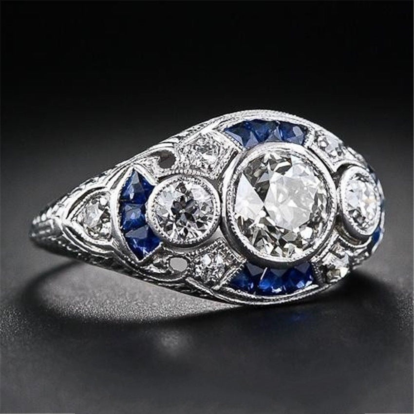 Women's Fashion Diamond Set Blue Sapphire Topaz Ring