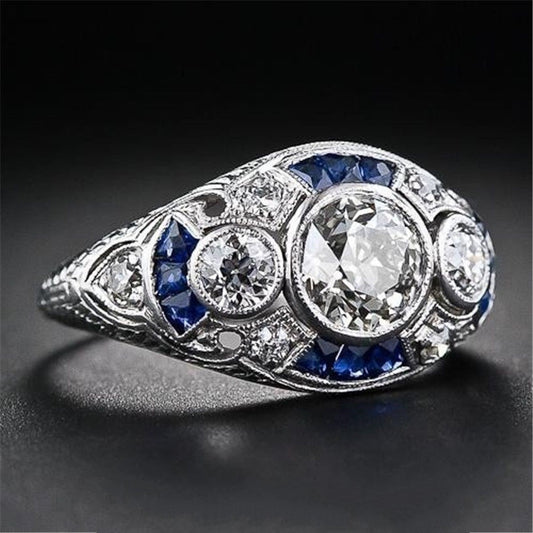 Women's Fashion Diamond Set Blue Sapphire Topaz Ring