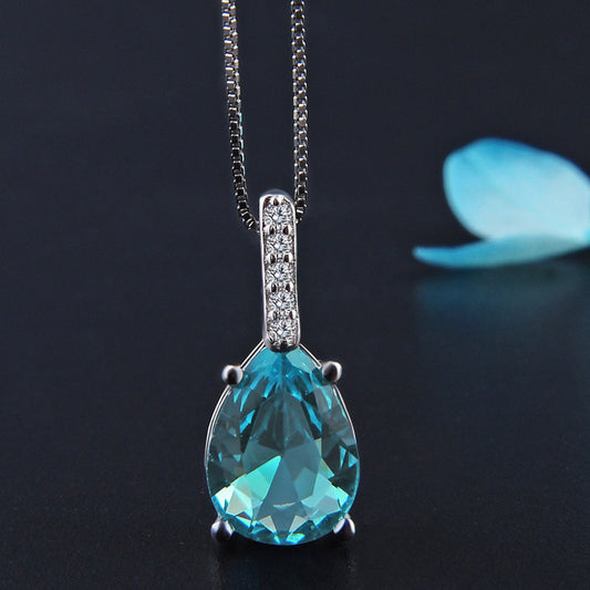 Blue Crystal Pendant Water-drop Pear-shaped Carat Necklace