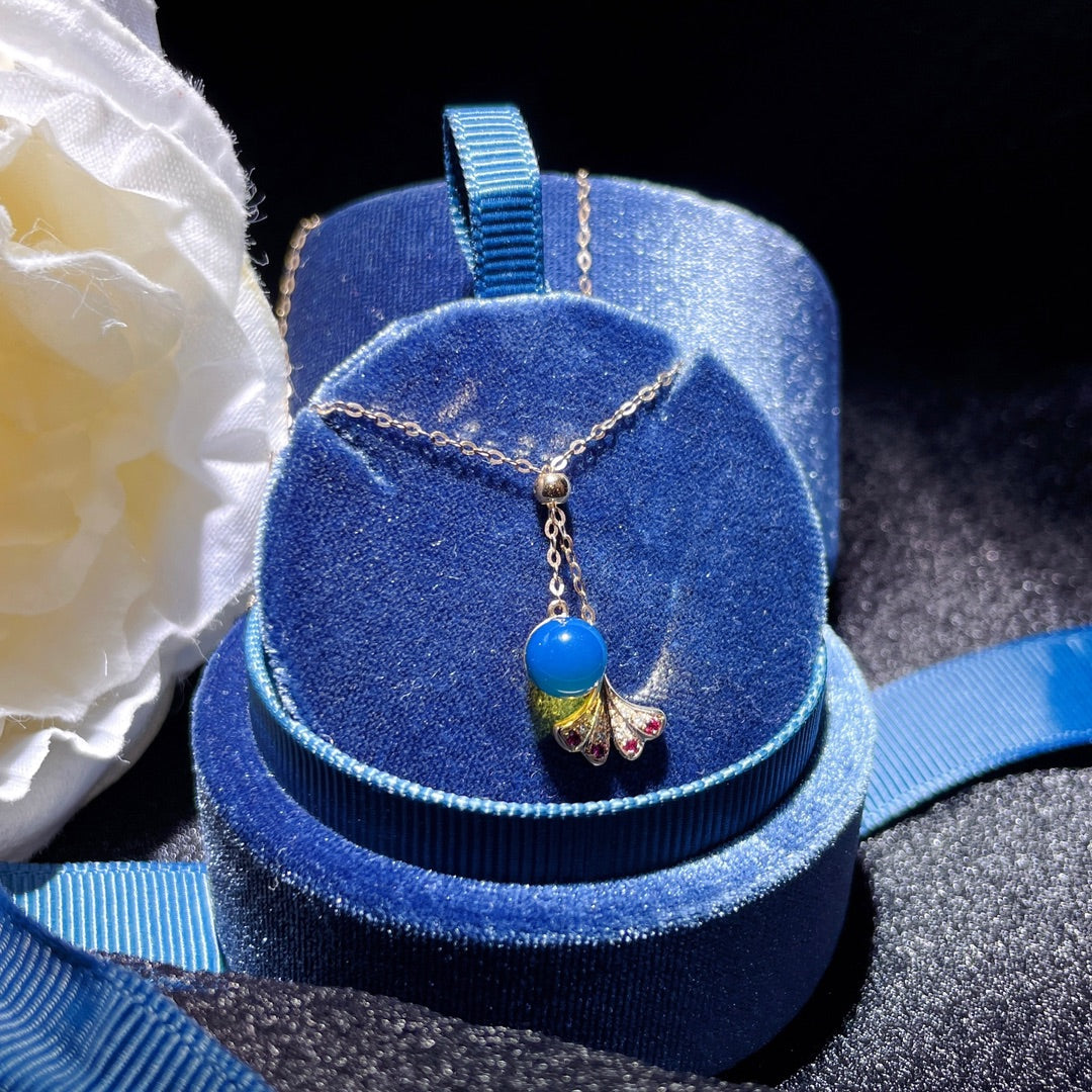 قلادة رائعة من الذهب الدومينيكاني من الكهرمان الأزرق عيار 18 قيراط - مجوهرات فريدة