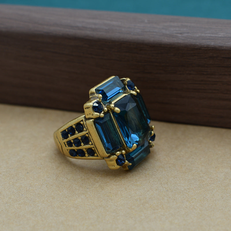 Vintage French Fashion Hot Selling Blue Glass Trendy Versatile Ring