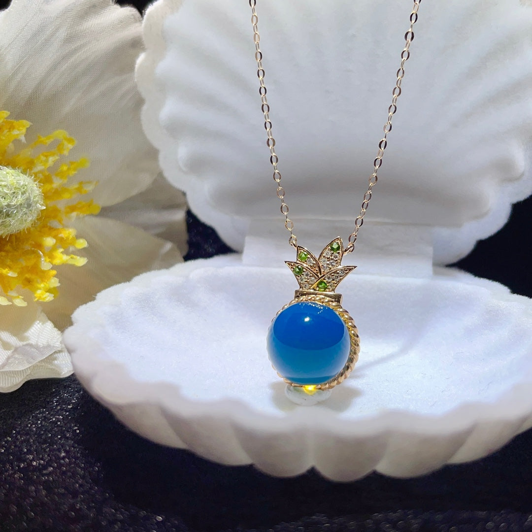 Utsökt 18K guld inbäddat dominikanskt blått bärnstenshänge - smycken för alla tillfällen