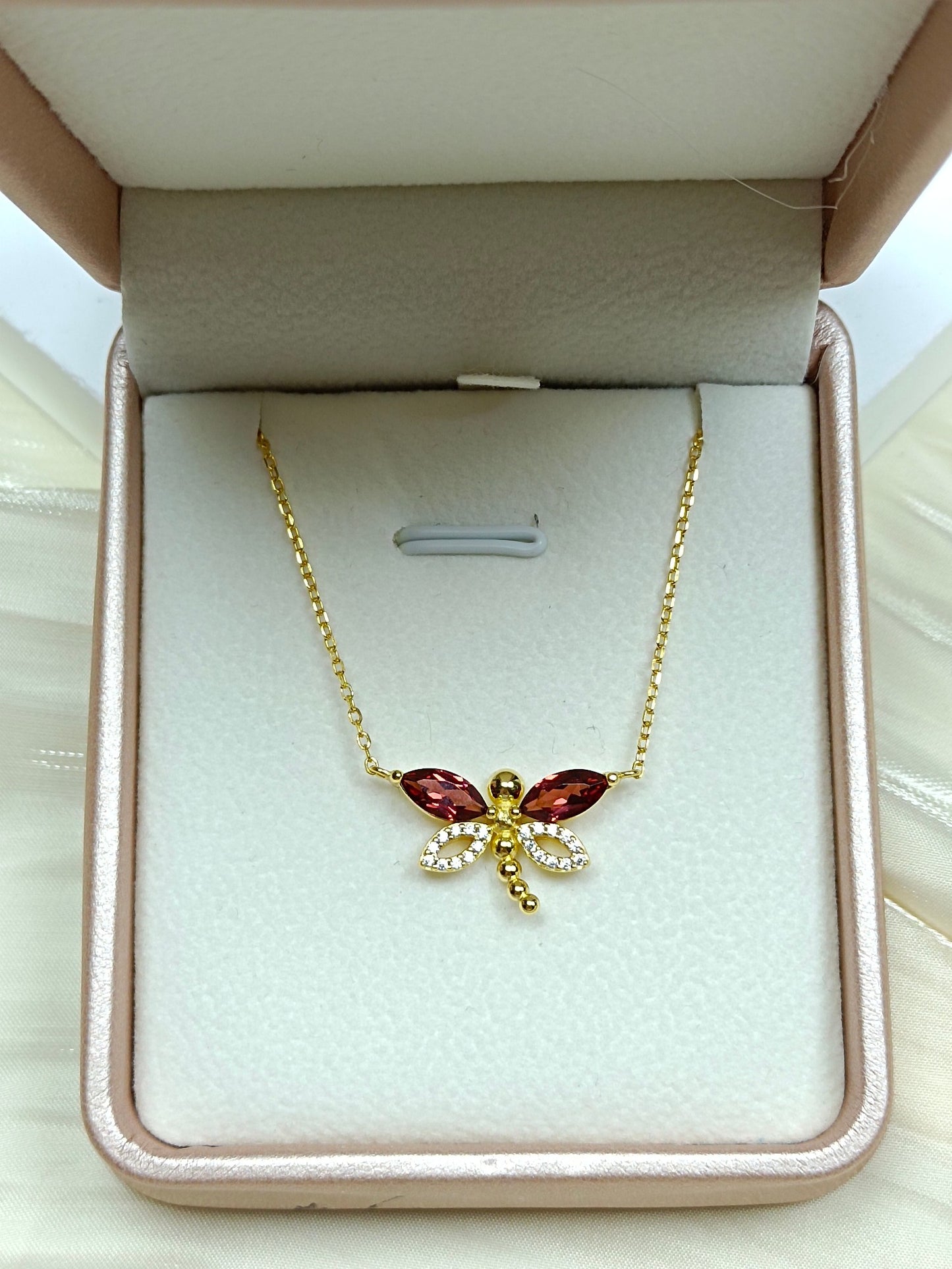 S925 Sterling Silver Garnet "Dragonfly" Necklace - Luxury Minimalist Jewelry