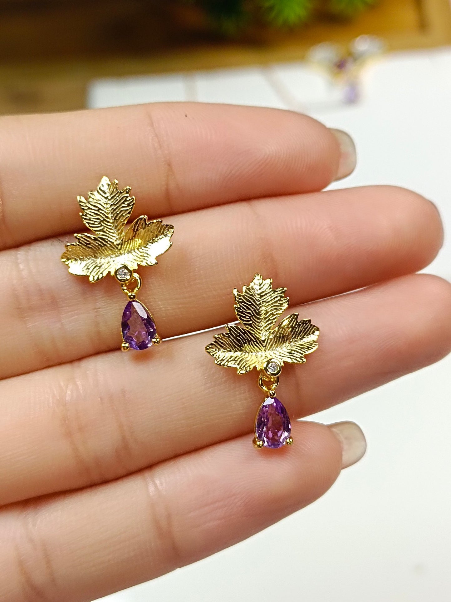 S925 Silver Embedded Purple Crystal Maple Leaf Earrings - Unique Jewelry