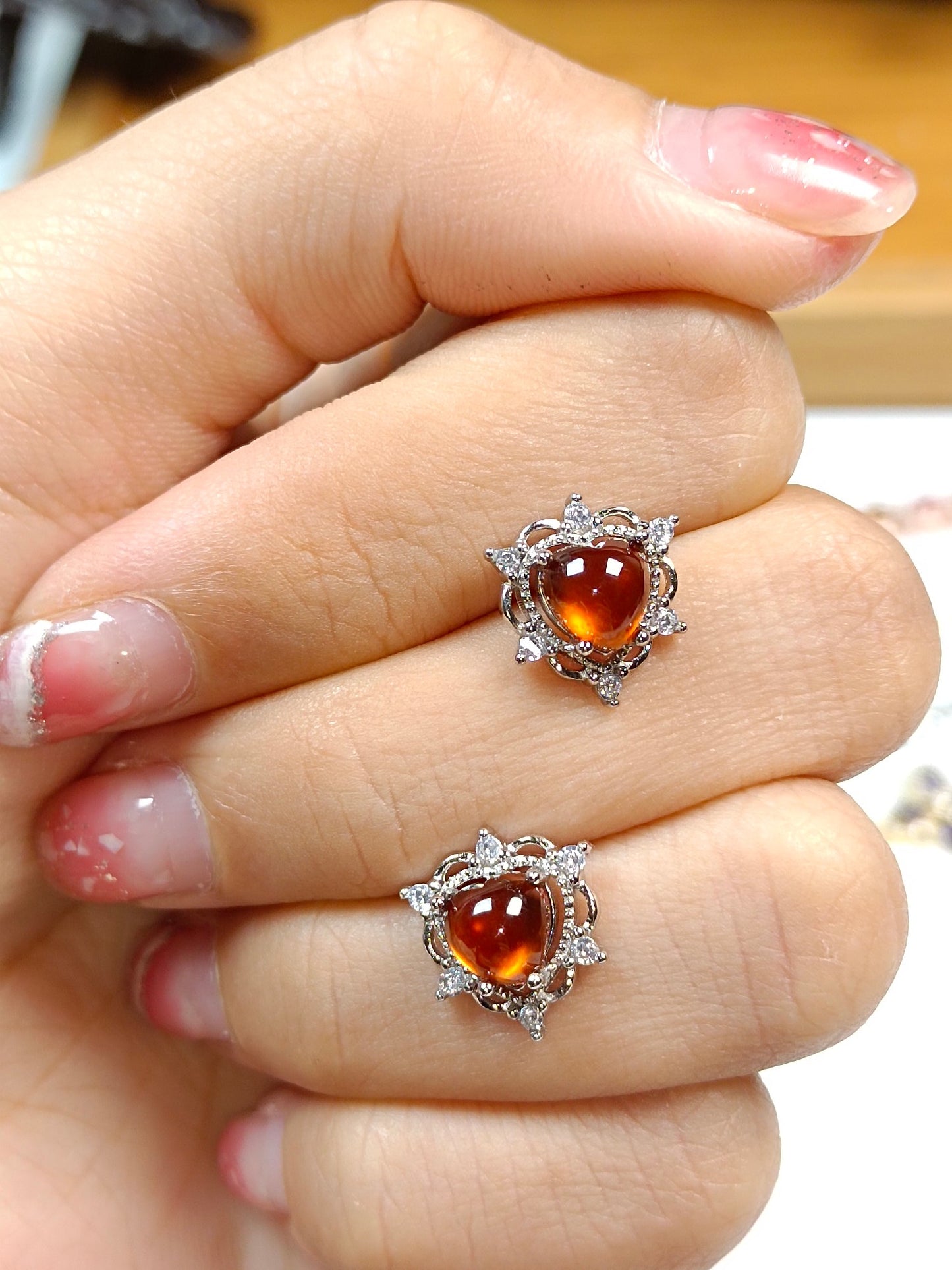 S925 Silver Embedded Fanta Orange Red Heart-shaped Earrings - Fashion Jewelry