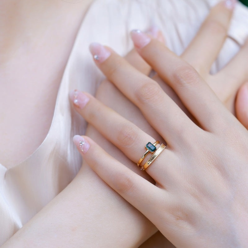 Gold-plated Silver Green Moss Adjustable Ring For Women