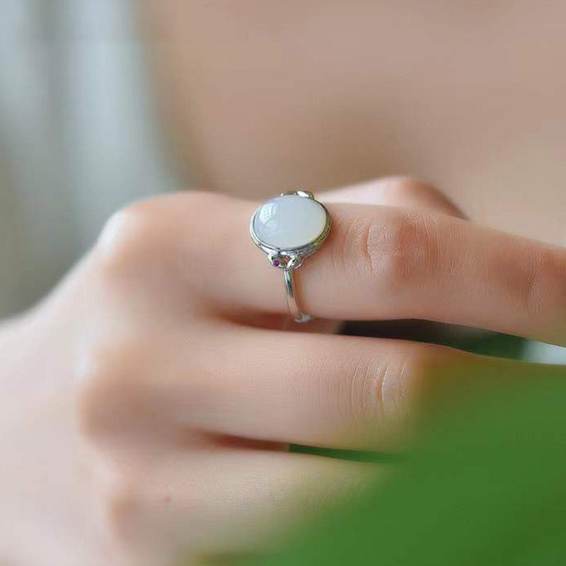 Trendy Egg-shaped Jade-inlaid Open Ring