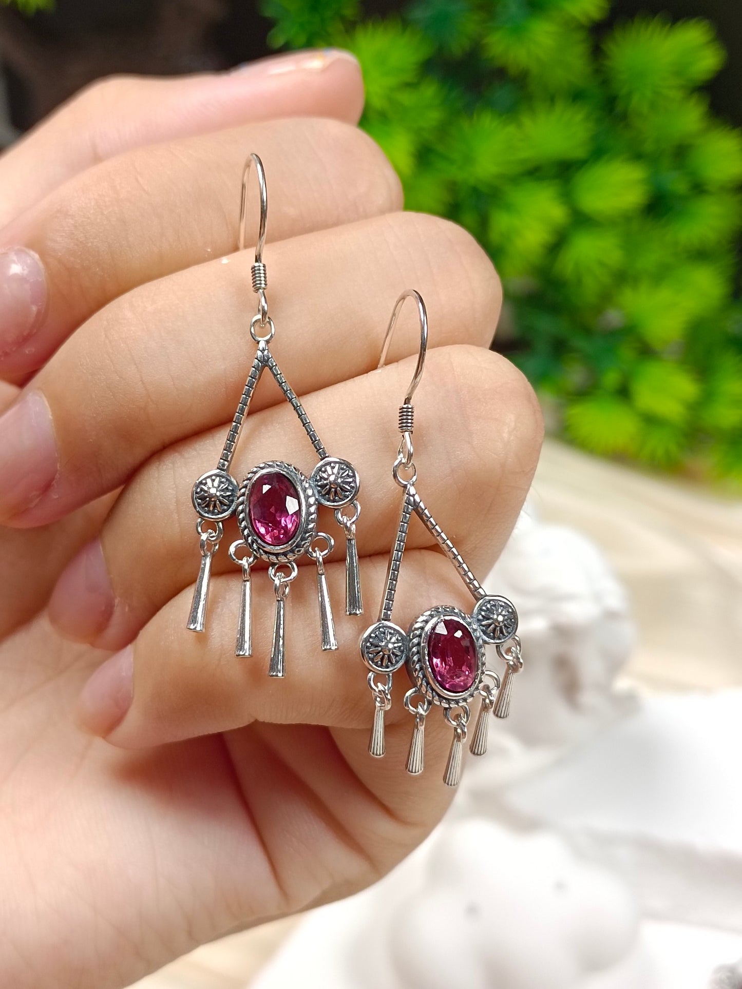 S925 Silver Embedded Purple Garnet Tassel Earrings with Vintage Charm