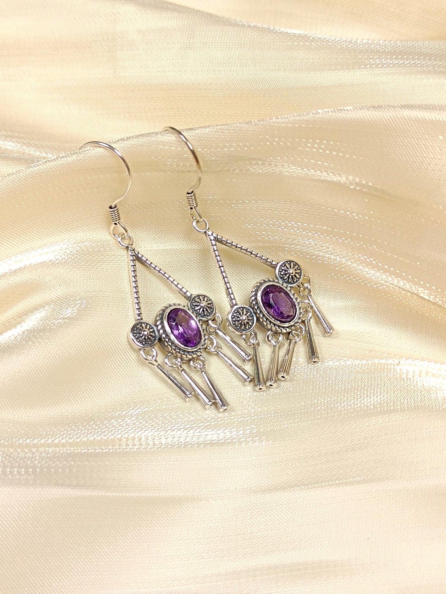 S925 Silver Embedded Amethyst Tassel Earrings - Vintage Style Jewelry