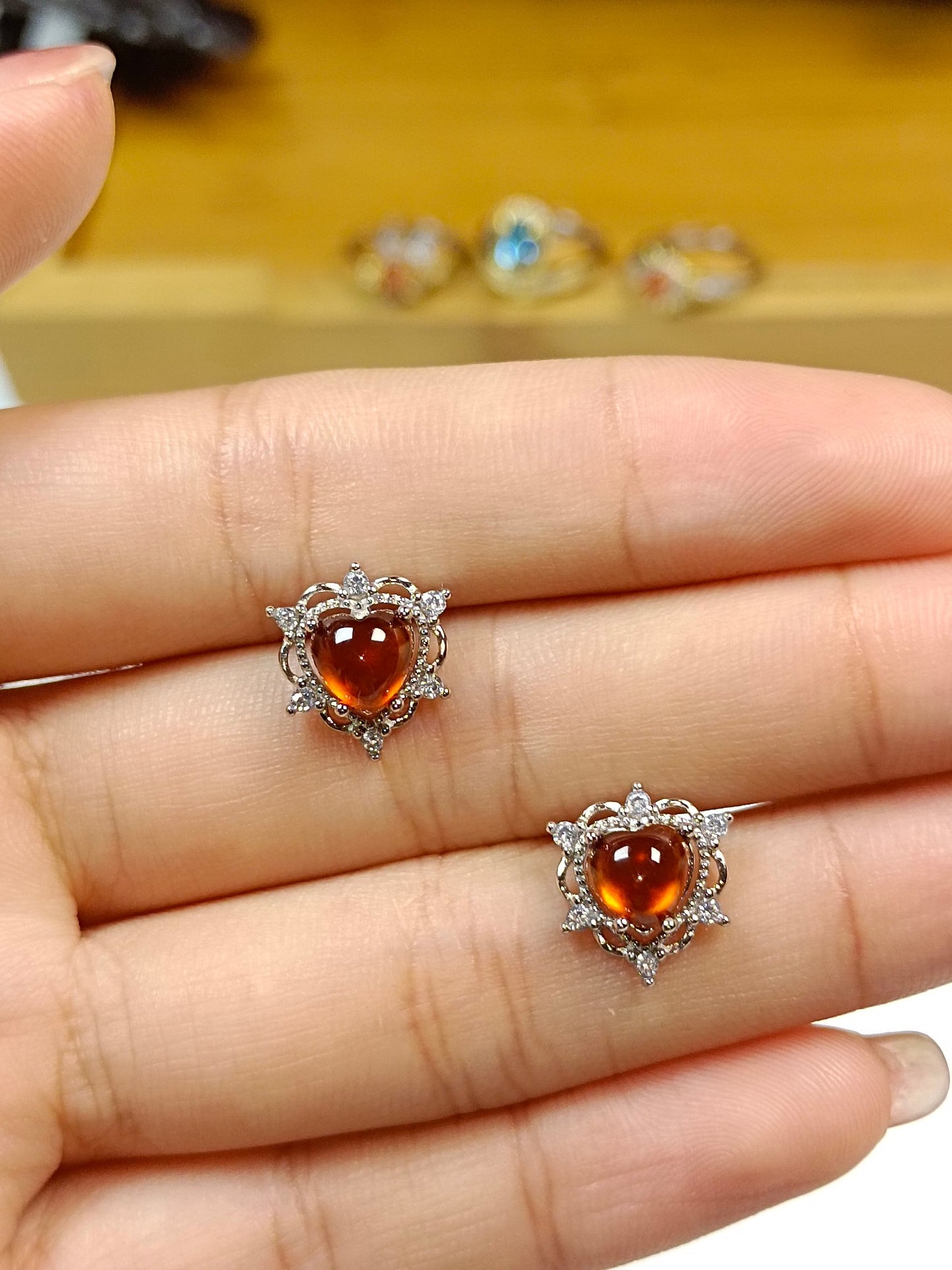 S925 Silver Embedded Fanta Orange Red Heart-shaped Earrings - Fashion Jewelry