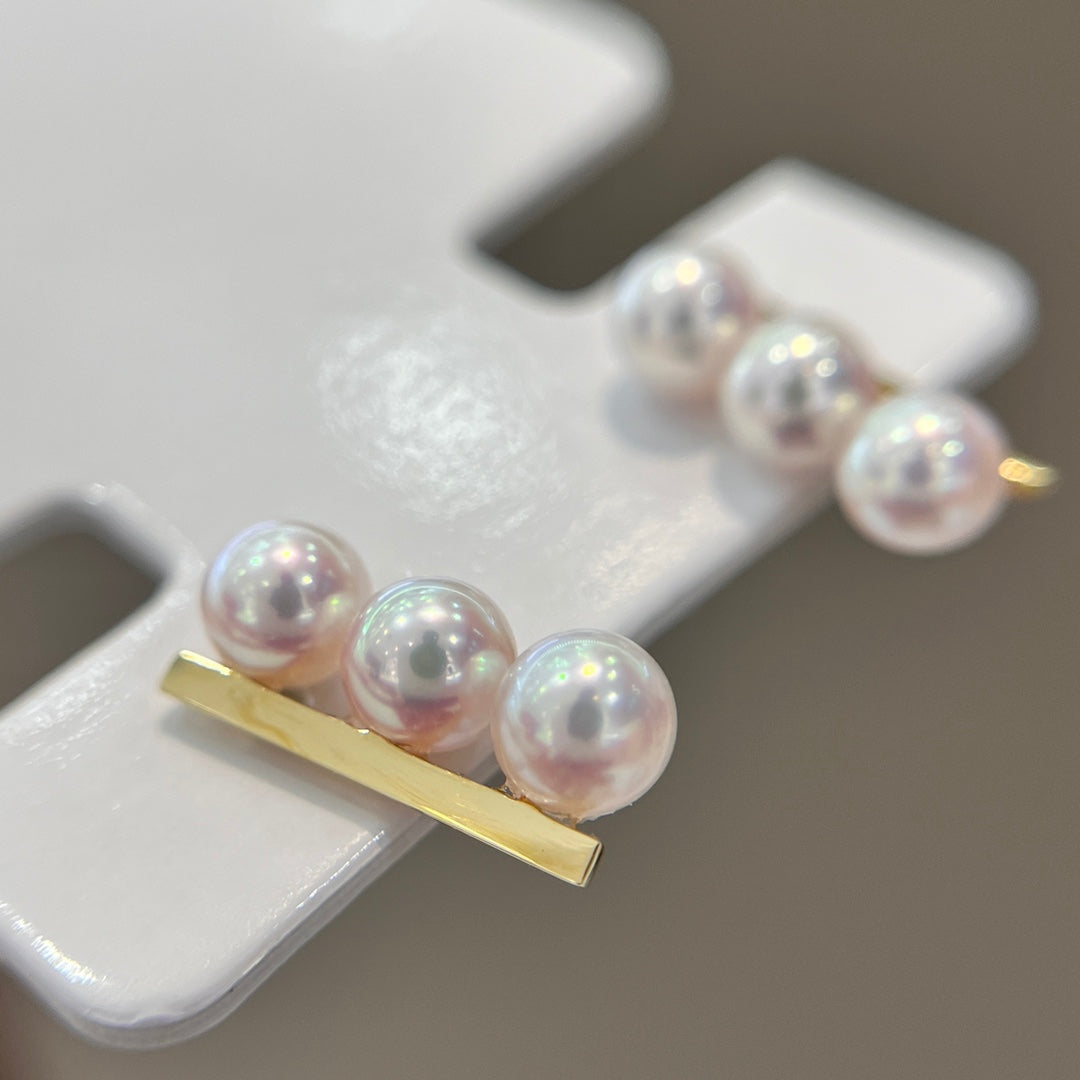 Eve-inspired Earrings: Three-Pearl Single Row Line Studs in 18K Gold