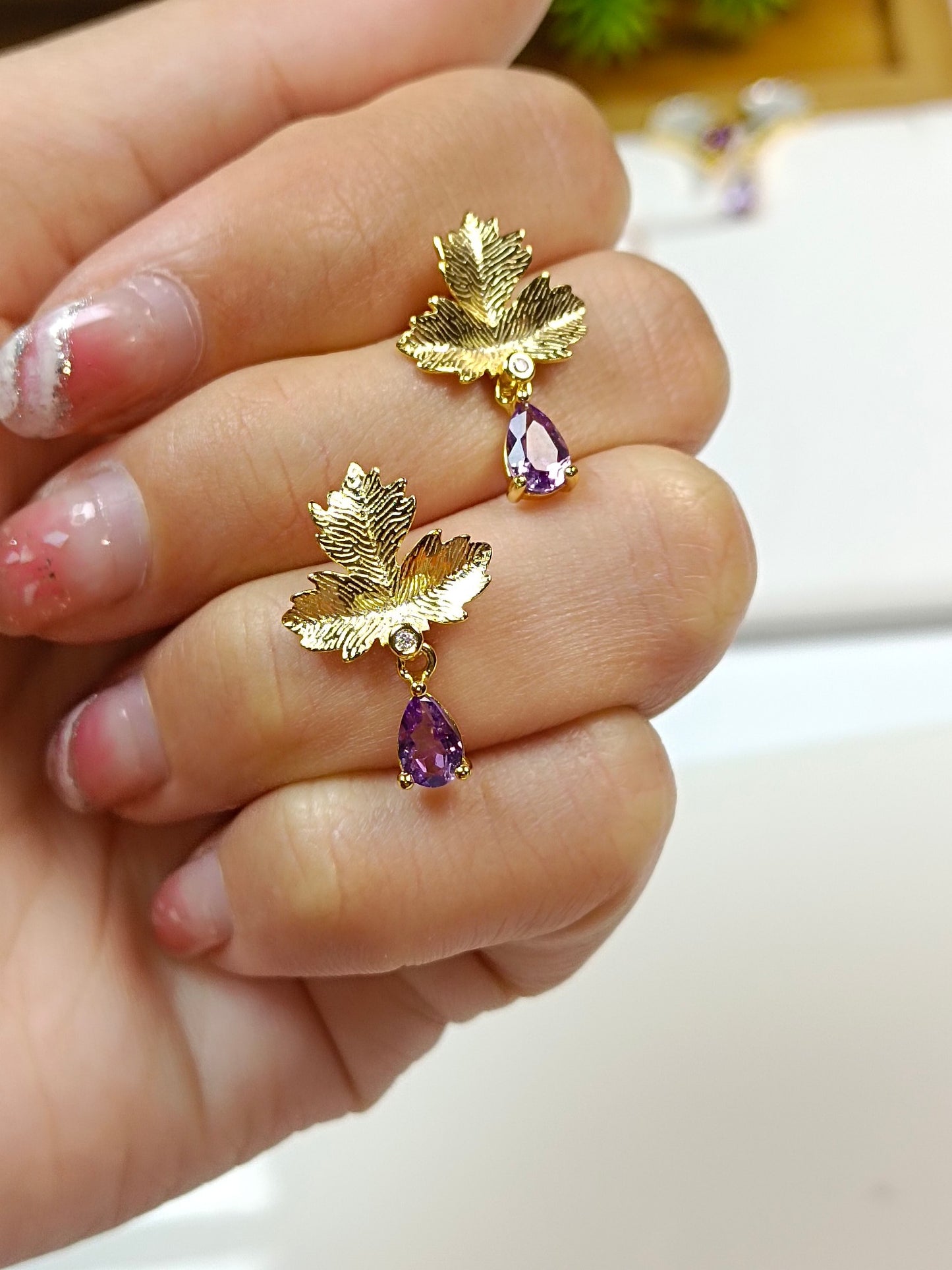 S925 Silver Embedded Purple Crystal Maple Leaf Earrings - Unique Jewelry