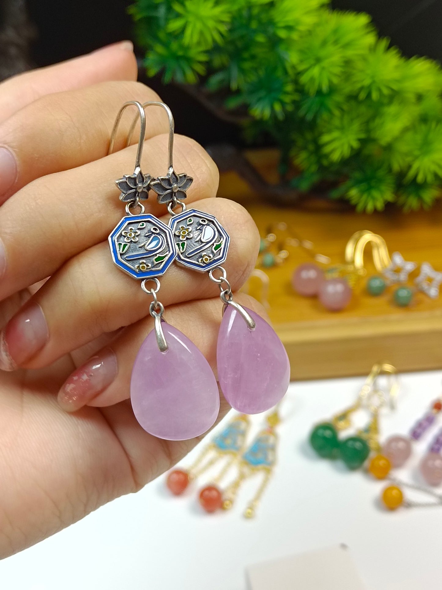 S925 Silver Purple Spodumene Original Earrings "Joyous Eyebrows" Cloisonne, Exaggerated Chinese Style Jewelry