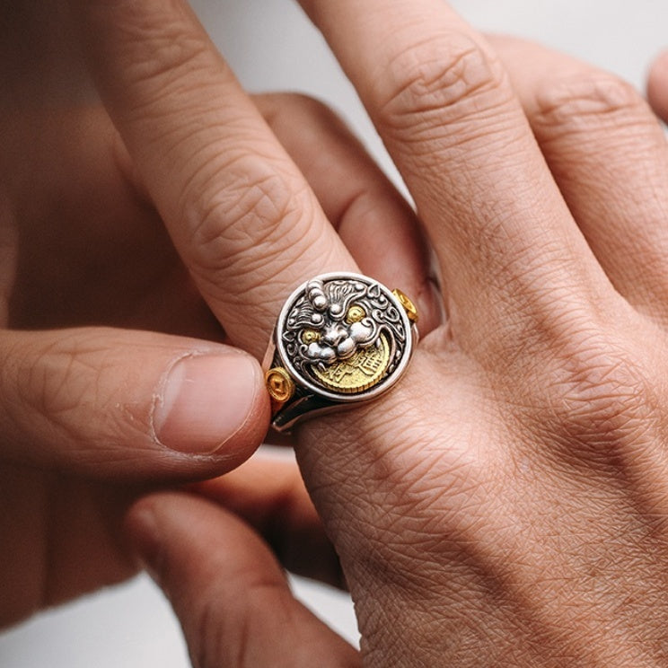 Sterling Silver 3d Pixiu Ring Men's Retro Advanced