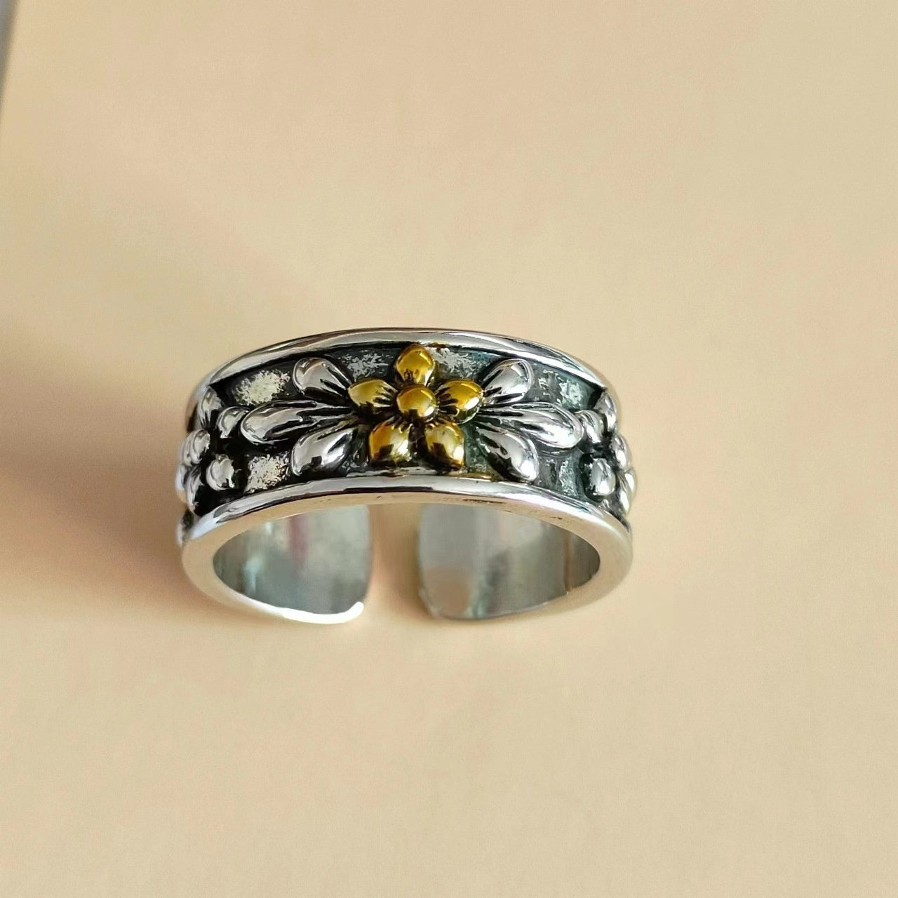 Vintage Antique Silver Gold Flower Open Ring