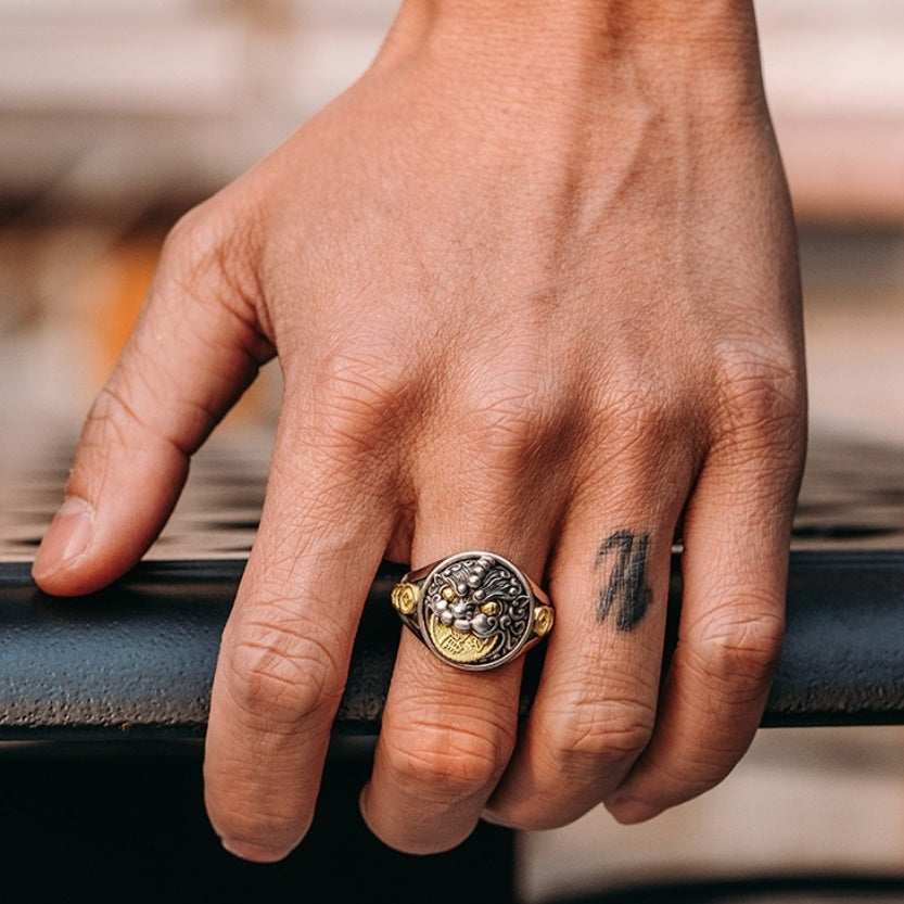 Sterling Silver 3d Pixiu Ring Men's Retro Advanced