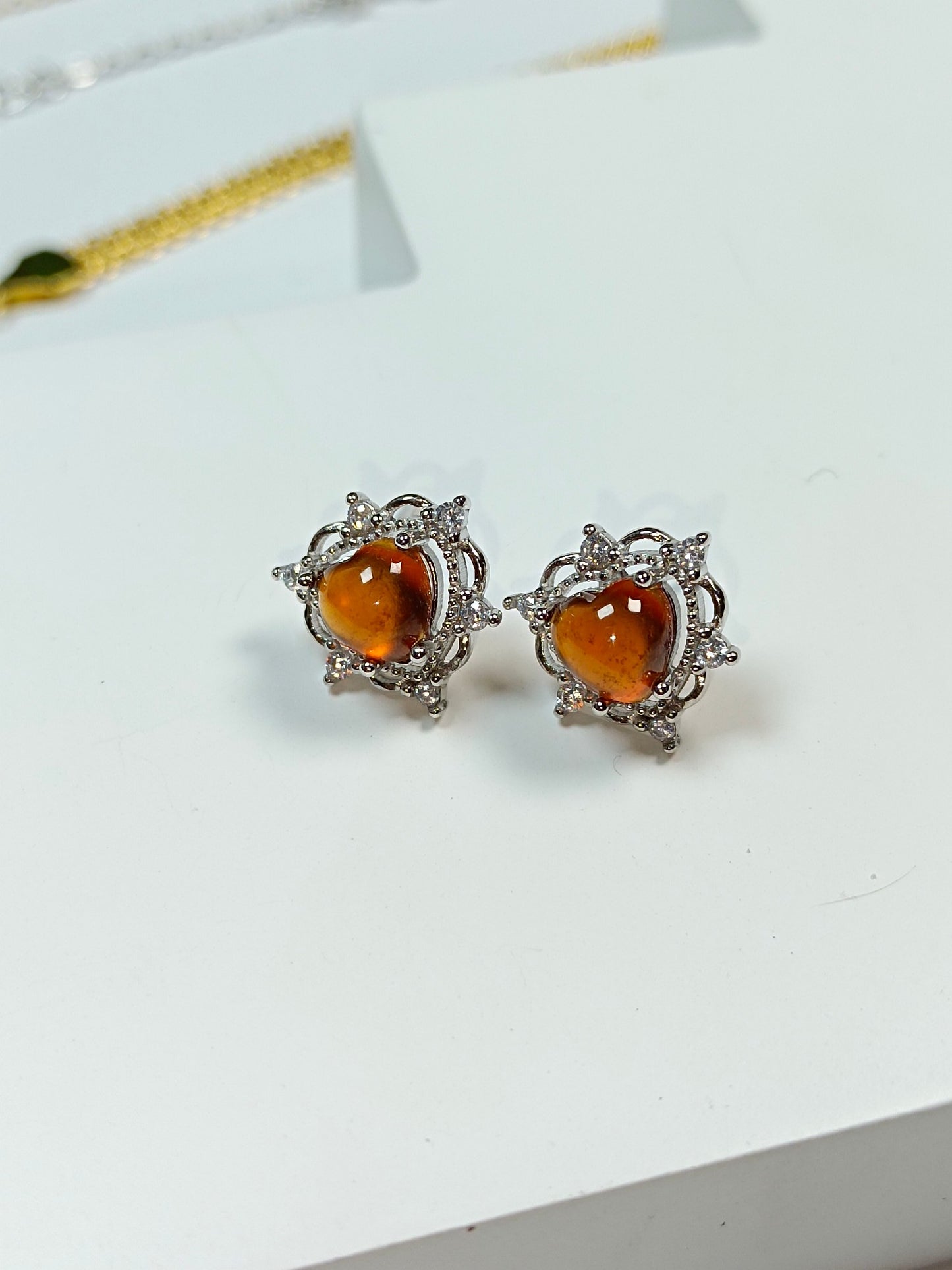 S925 Silver Embedded Fanta Orange Red Heart-shaped Earrings - Fashion Jewelry