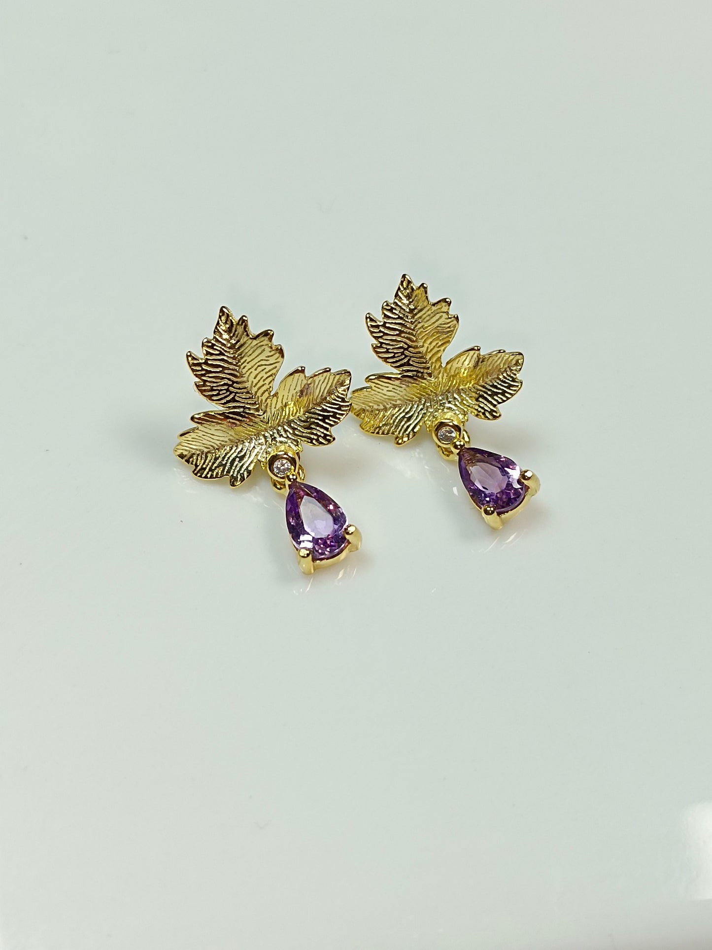 S925 Silver Embedded Purple Crystal Maple Leaf Earrings - Unique Jewelry