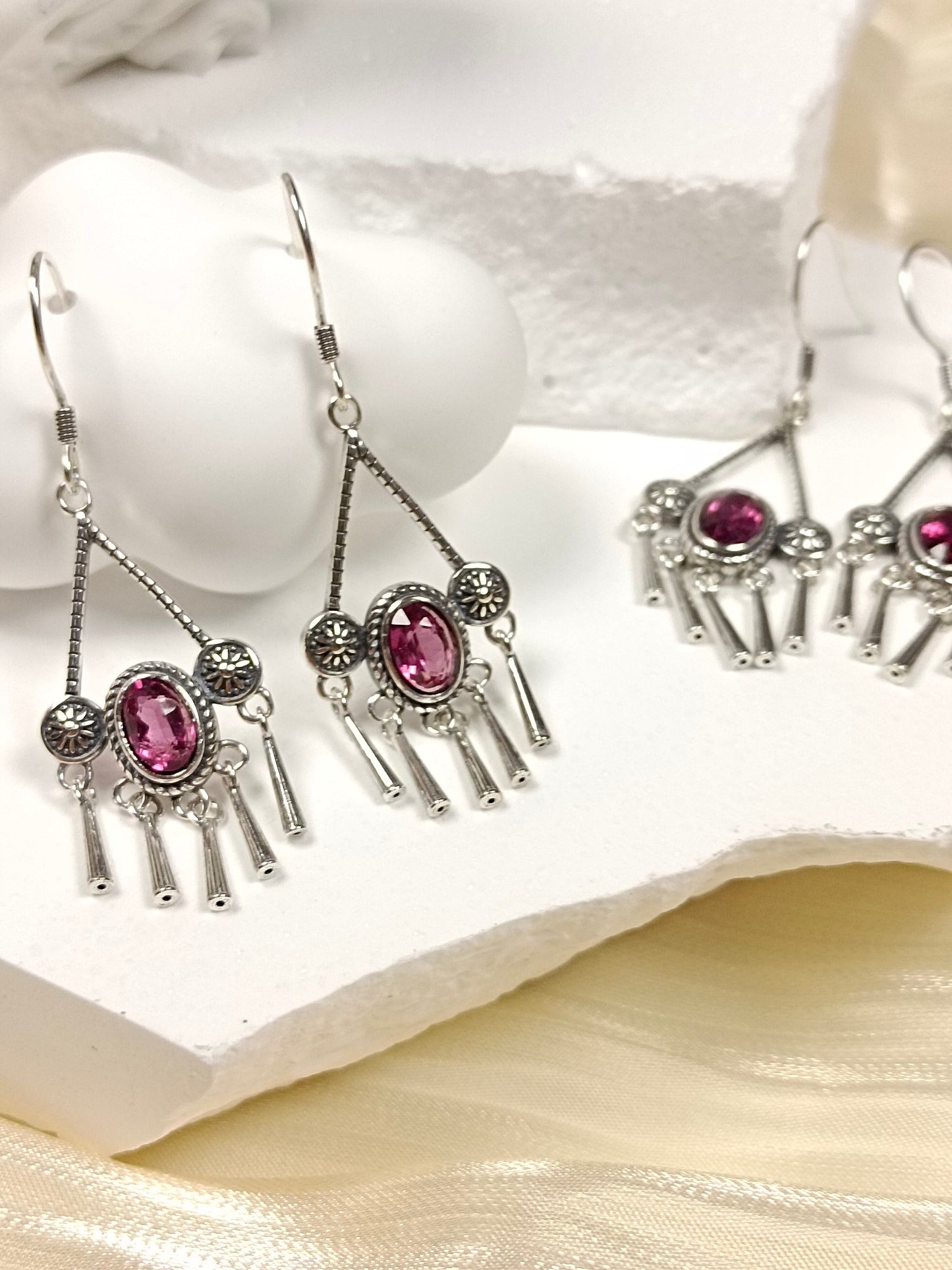 S925 Silver Embedded Purple Garnet Tassel Earrings with Vintage Charm