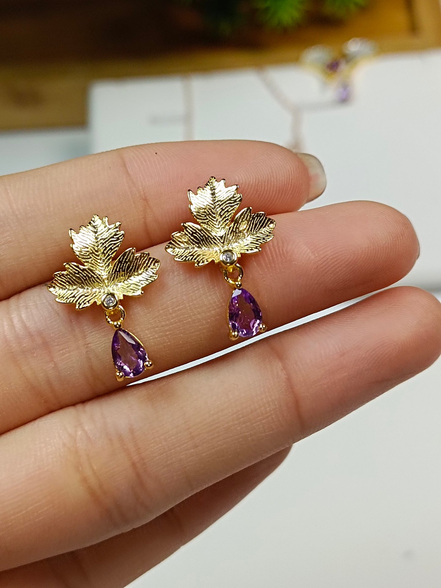 S925 Silver Embedded Purple Crystal Maple Leaf Earrings - Unique Jewelry