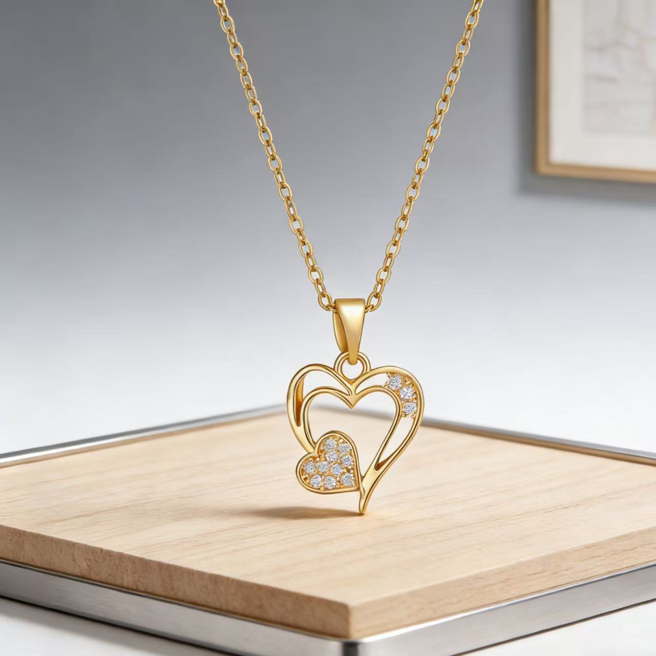 Double Heart Moissanite Necklace Womens Clavicle Chain With Pendant