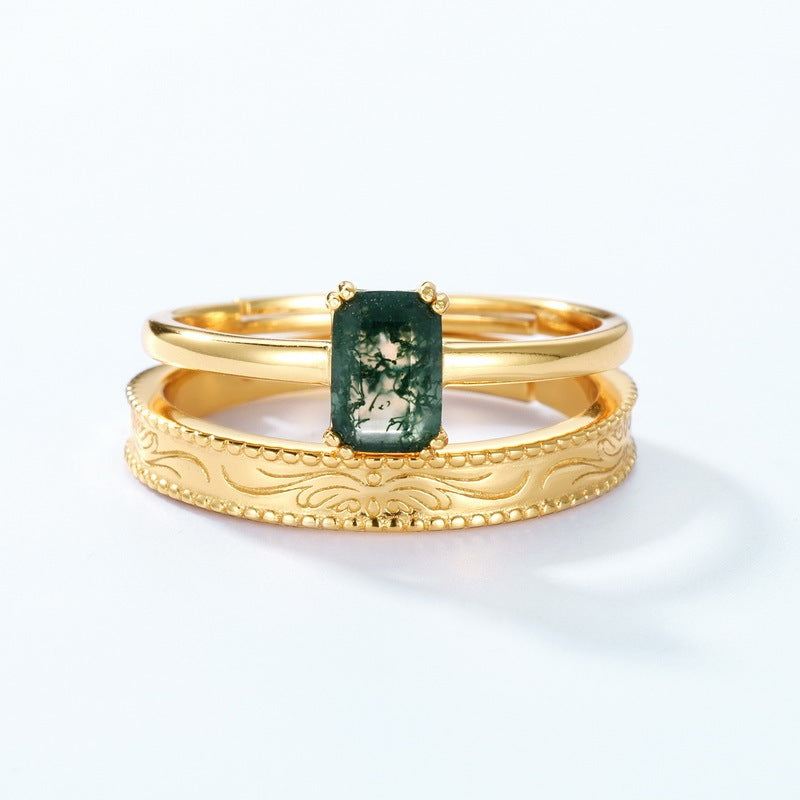 Gold-plated Silver Green Moss Adjustable Ring For Women