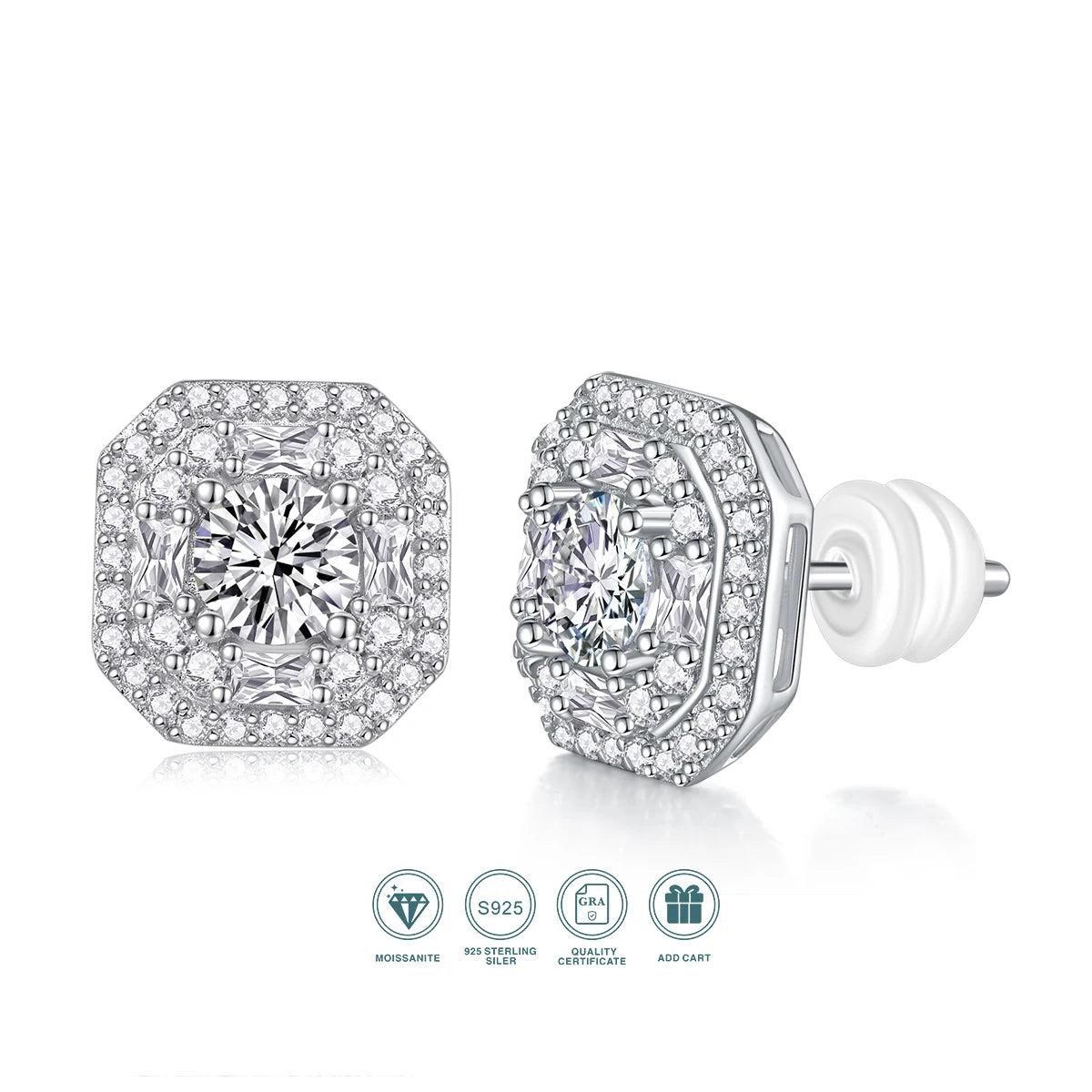 1pair Octagon Moissanite Earrings 925 Sterling Silver 18K Gold Plated Halo Jewelry for Women Gift Comes with GRA Certificate