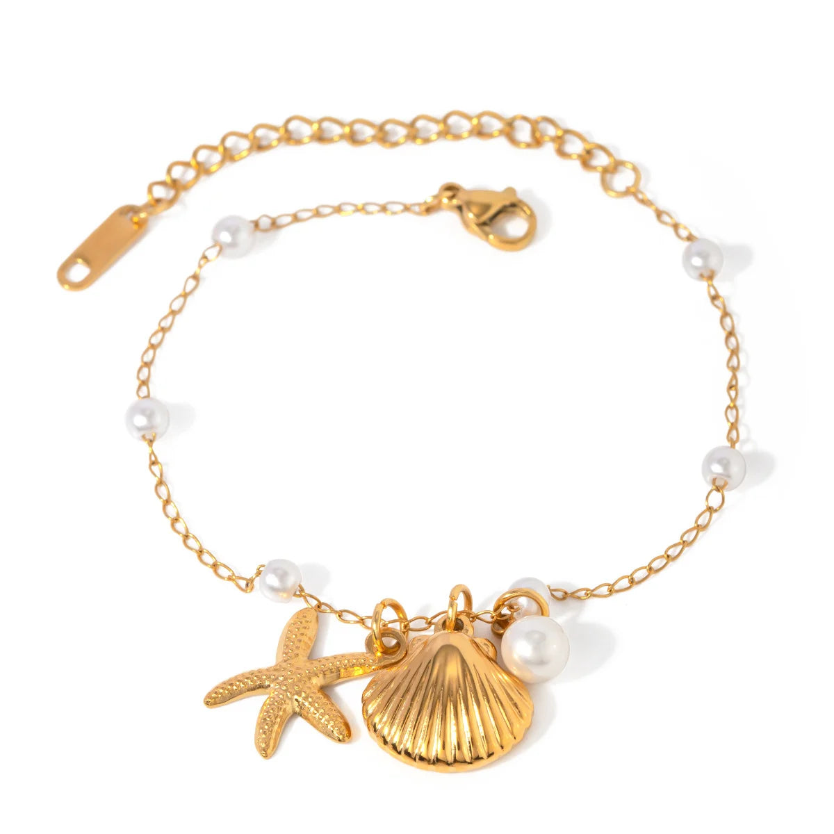 Fashion Jewelry 18K Gold Stainless Steel Pearl Chain with Summer Shell & Starfish Pendant Bracelet