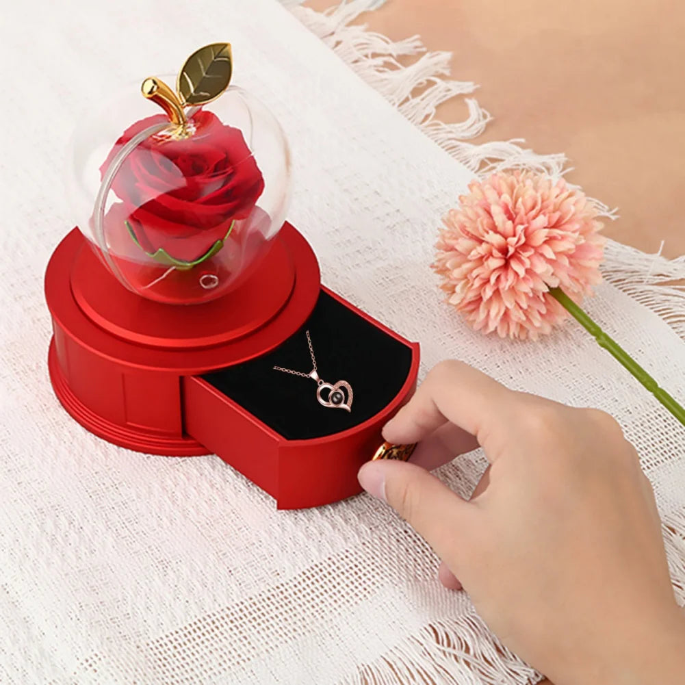 Plastic Preserved Rose with Necklace Eternal Rose Gifts Flower Jewelry Box Present for Valentines' Day Mother's Day Party Decors