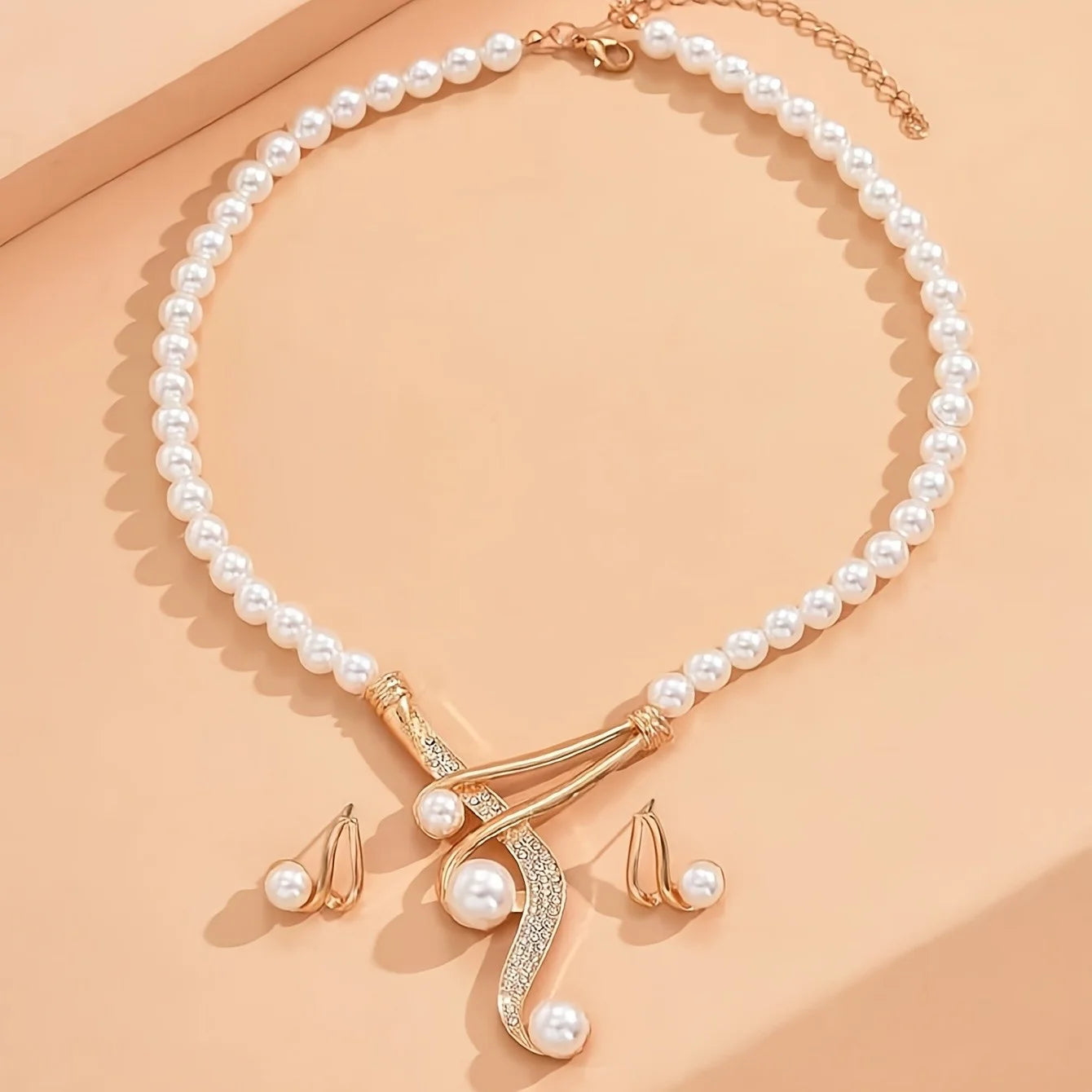 Elegant Round Faux Pearl Necklace & Geometric Pearl Earrings Set – Timeless Fashion Jewelry, Perfect Gift for Lovers & Friends