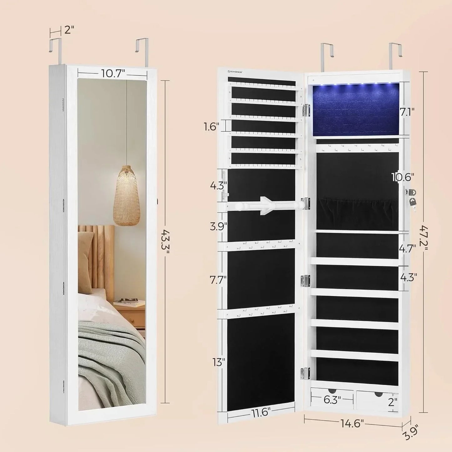 6 LEDs Mirror Jewelry Cabinet, 47.2-Inch Tall Lockable Wall or Door Mounted Jewelry Armoire Organizer with Mirror, 2 Drawers