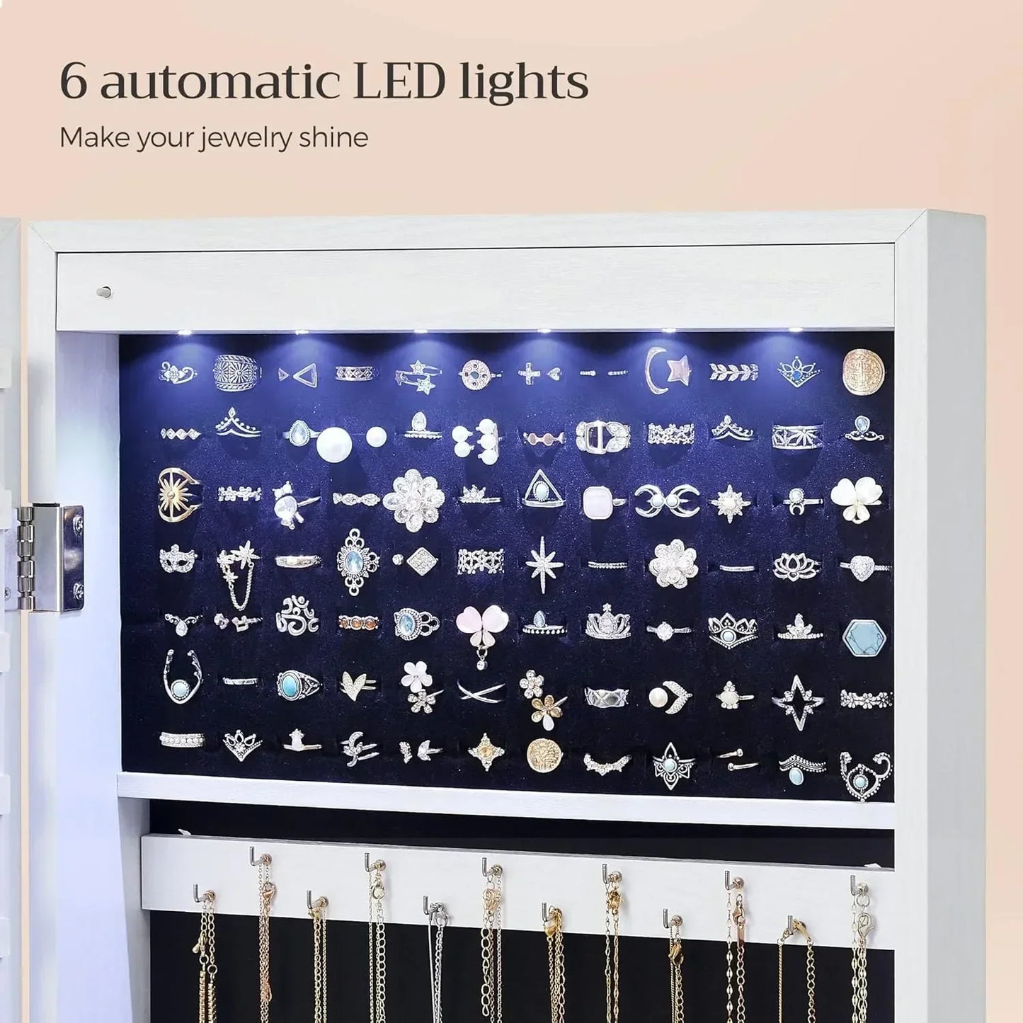 6 LEDs Mirror Jewelry Cabinet, 47.2-Inch Tall Lockable Wall or Door Mounted Jewelry Armoire Organizer with Mirror, 2 Drawers
