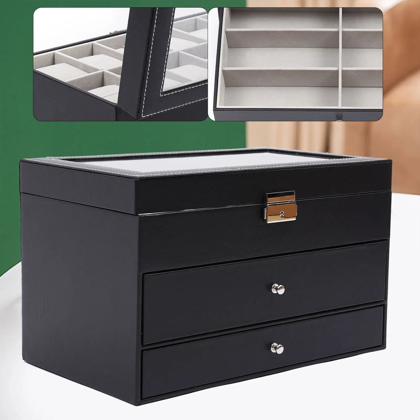 Bymaocar Black 3-Tier Drawer Jewelry Box, 12-Slot Watch Organizer W/ PU Leather & Metal Clasp, Eyeglass & Sunglass Storage Case