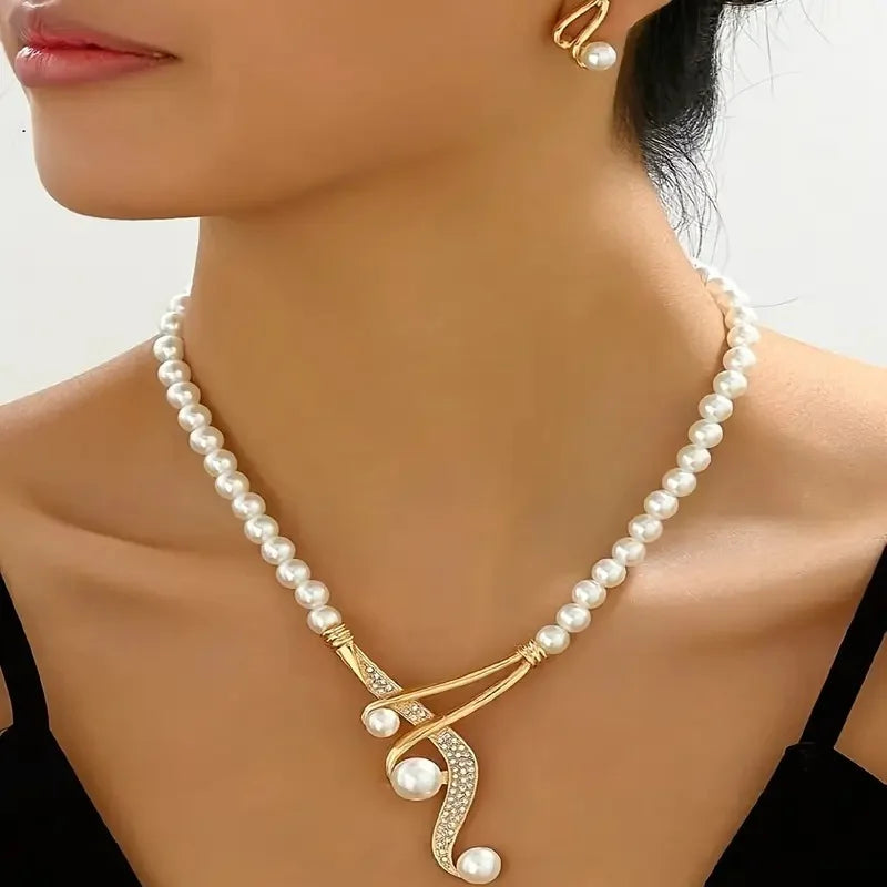 Elegant Round Faux Pearl Necklace & Geometric Pearl Earrings Set – Timeless Fashion Jewelry, Perfect Gift for Lovers & Friends