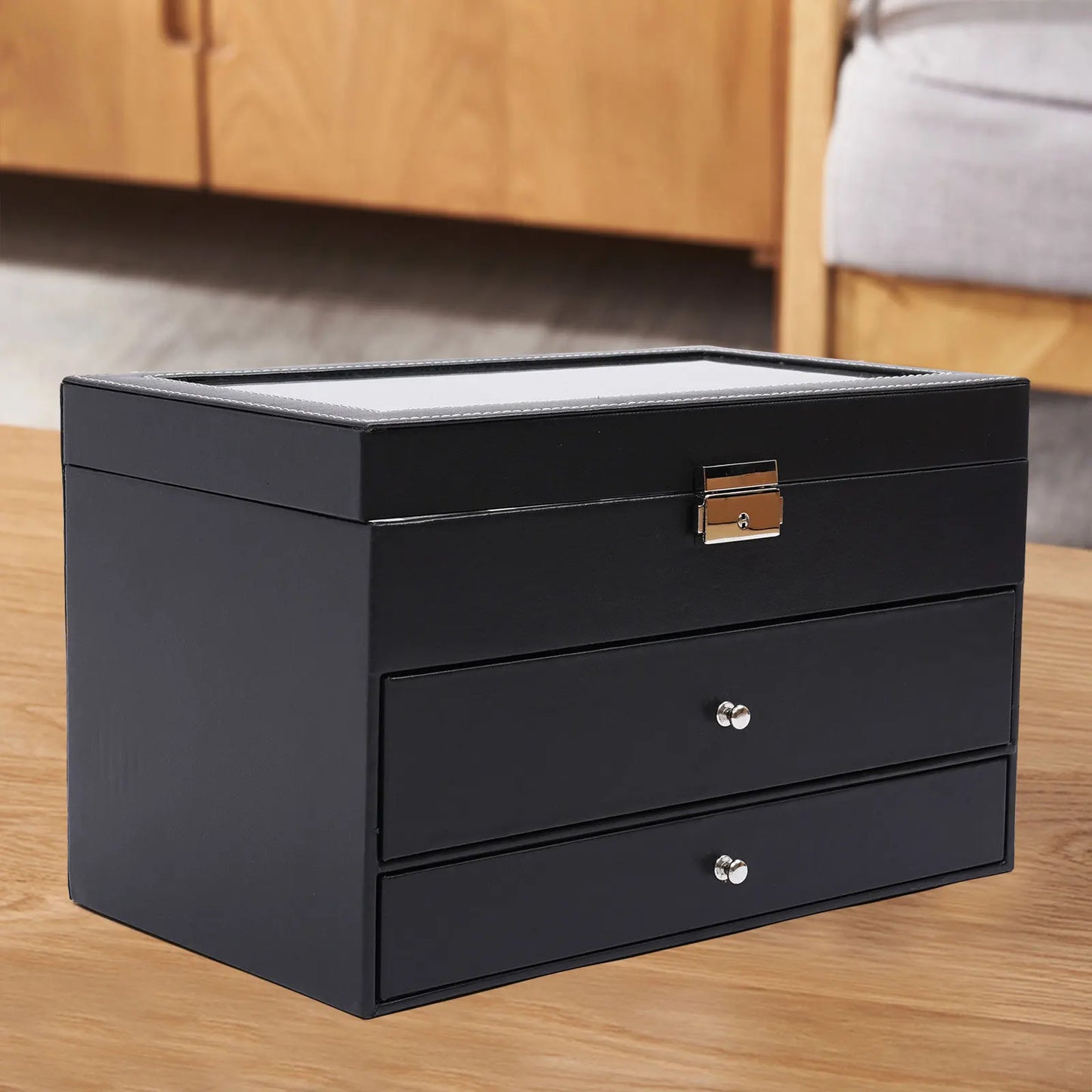 Bymaocar Black 3-Tier Drawer Jewelry Box, 12-Slot Watch Organizer W/ PU Leather & Metal Clasp, Eyeglass & Sunglass Storage Case