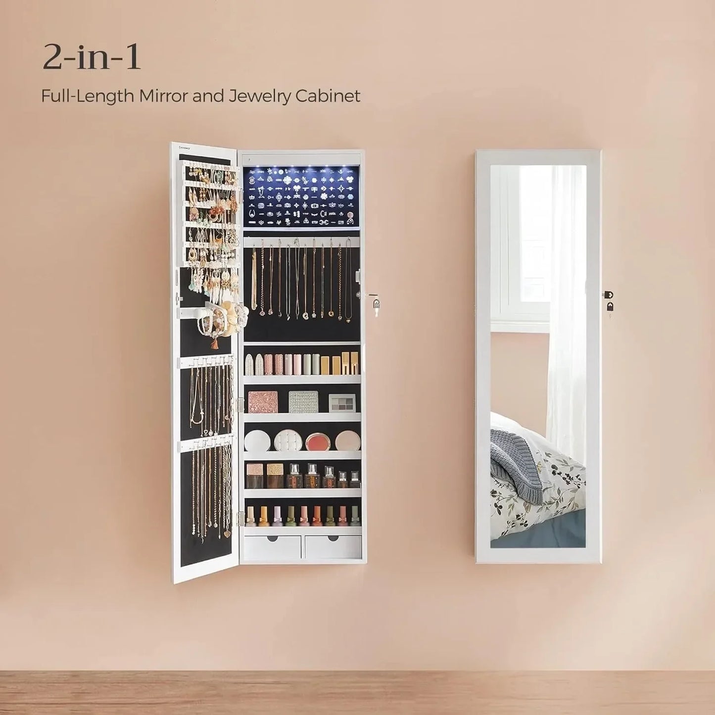 6 LEDs Mirror Jewelry Cabinet, 47.2-Inch Tall Lockable Wall or Door Mounted Jewelry Armoire Organizer with Mirror, 2 Drawers