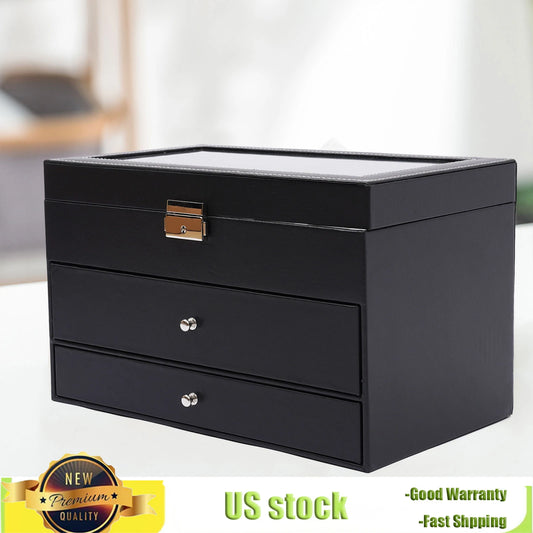 Bymaocar Black 3-Tier Drawer Jewelry Box, 12-Slot Watch Organizer W/ PU Leather & Metal Clasp, Eyeglass & Sunglass Storage Case