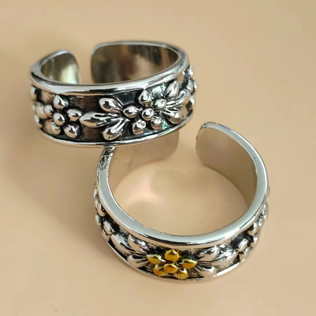 Vintage Antique Silver Gold Flower Open Ring