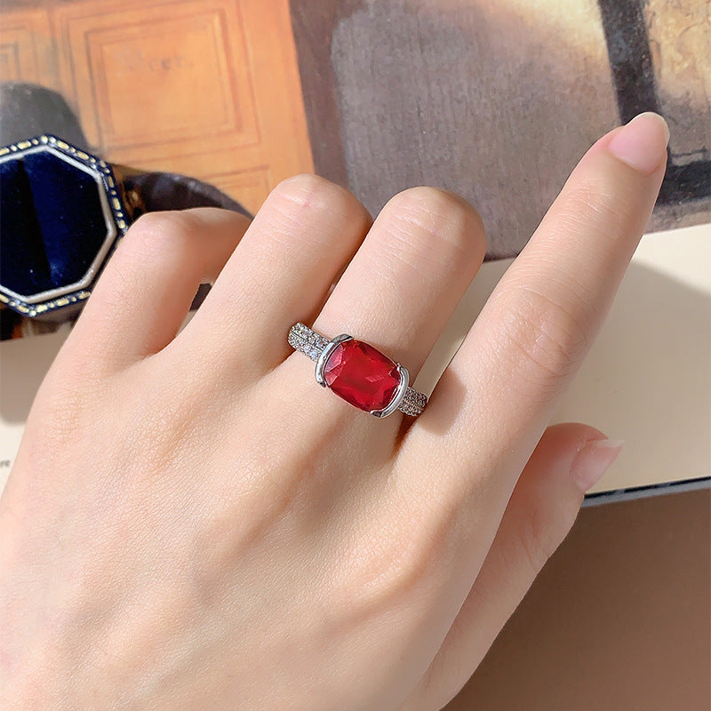 Micro-set Zircon Red Corundum Heart Square Diamond Ring For Women
