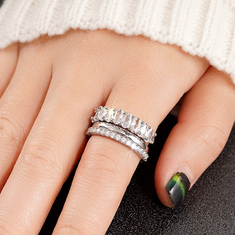 Geometric Design Zircon Ring Three-piece Set