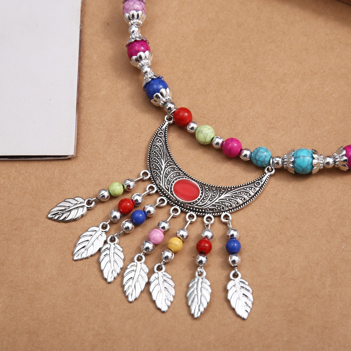 Ethnic-style Colorful Crackle-bead Pendant Necklace With Alloy Accents