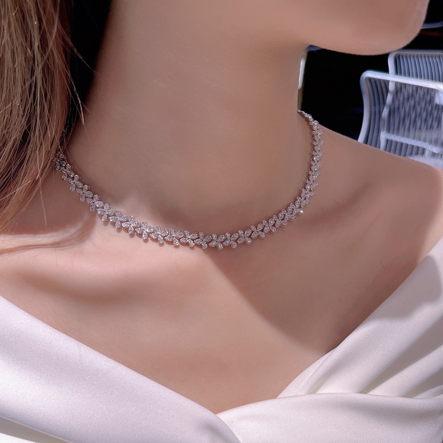Butterfly-Shaped Round Diamond Pendant Necklace (42cm) - Premium Jewelry - White Diamond Necklace