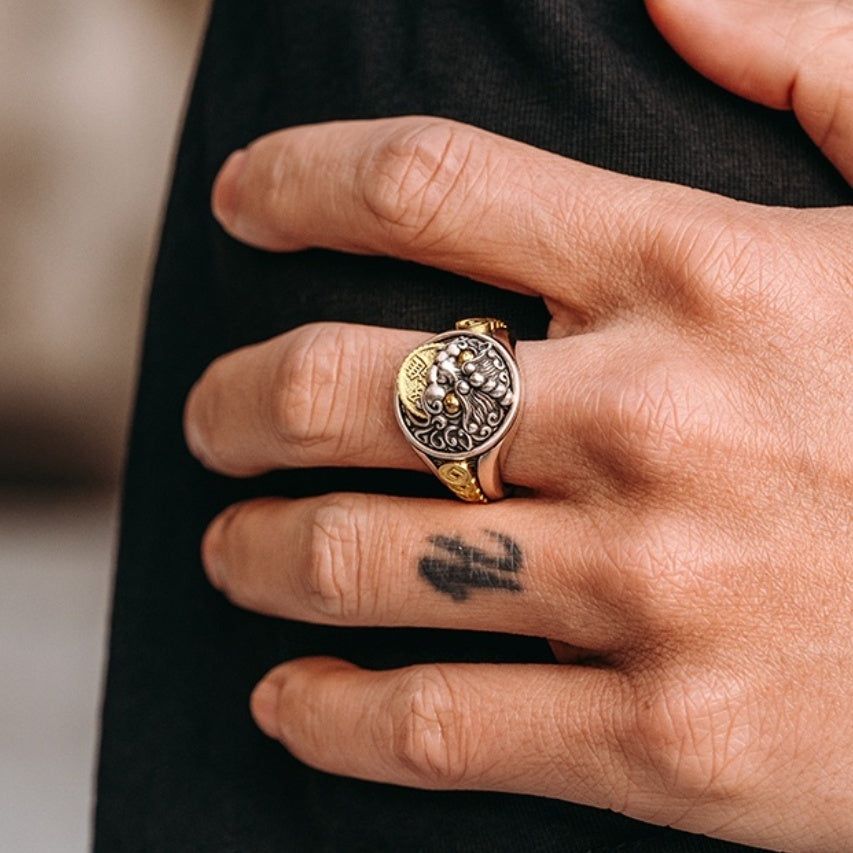 Sterling Silver 3d Pixiu Ring Men's Retro Advanced