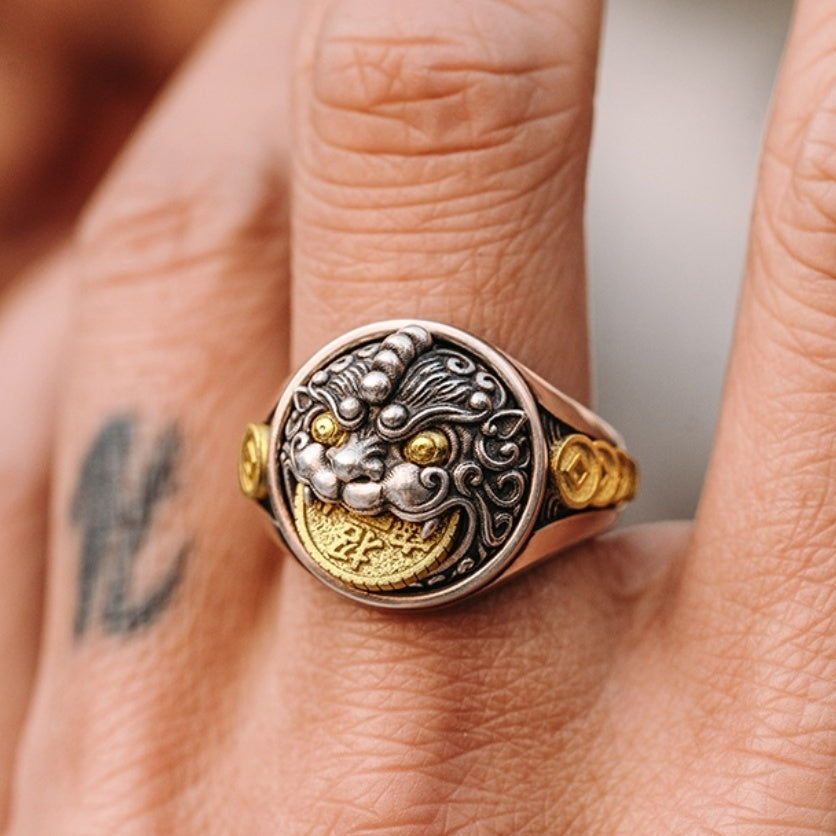 Sterling Silver 3d Pixiu Ring Men's Retro Advanced