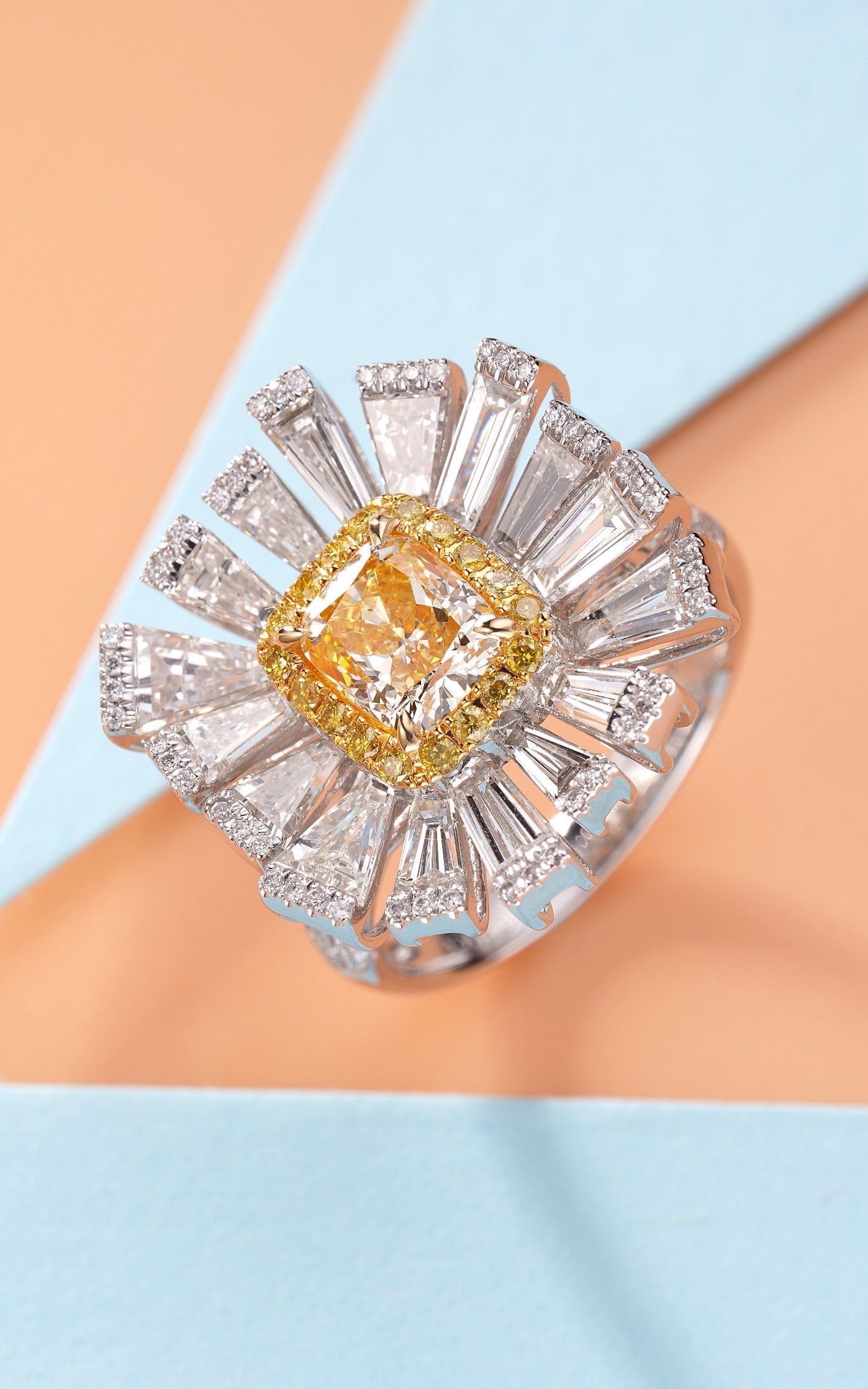 Cushion-Cut Yellow Diamond Surround T Ring - Premium Jewelry - Yellow Diamond Ring