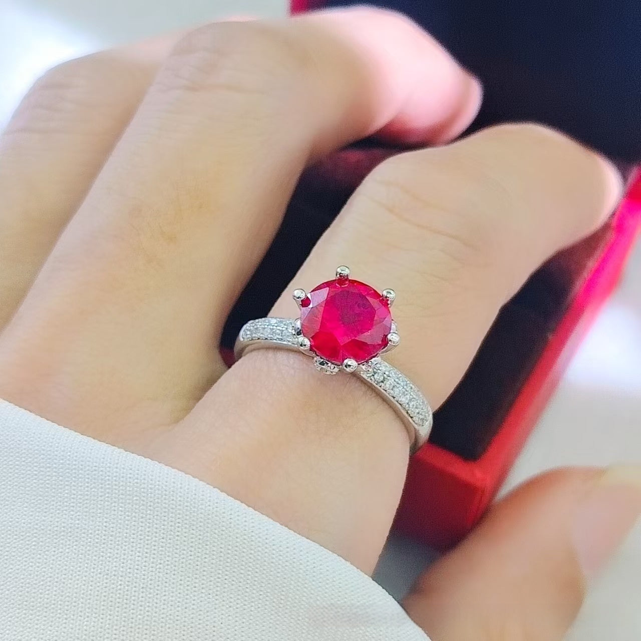 Round Cultured Pigeon Blood Red Ruby Open Ring Women's Fashion