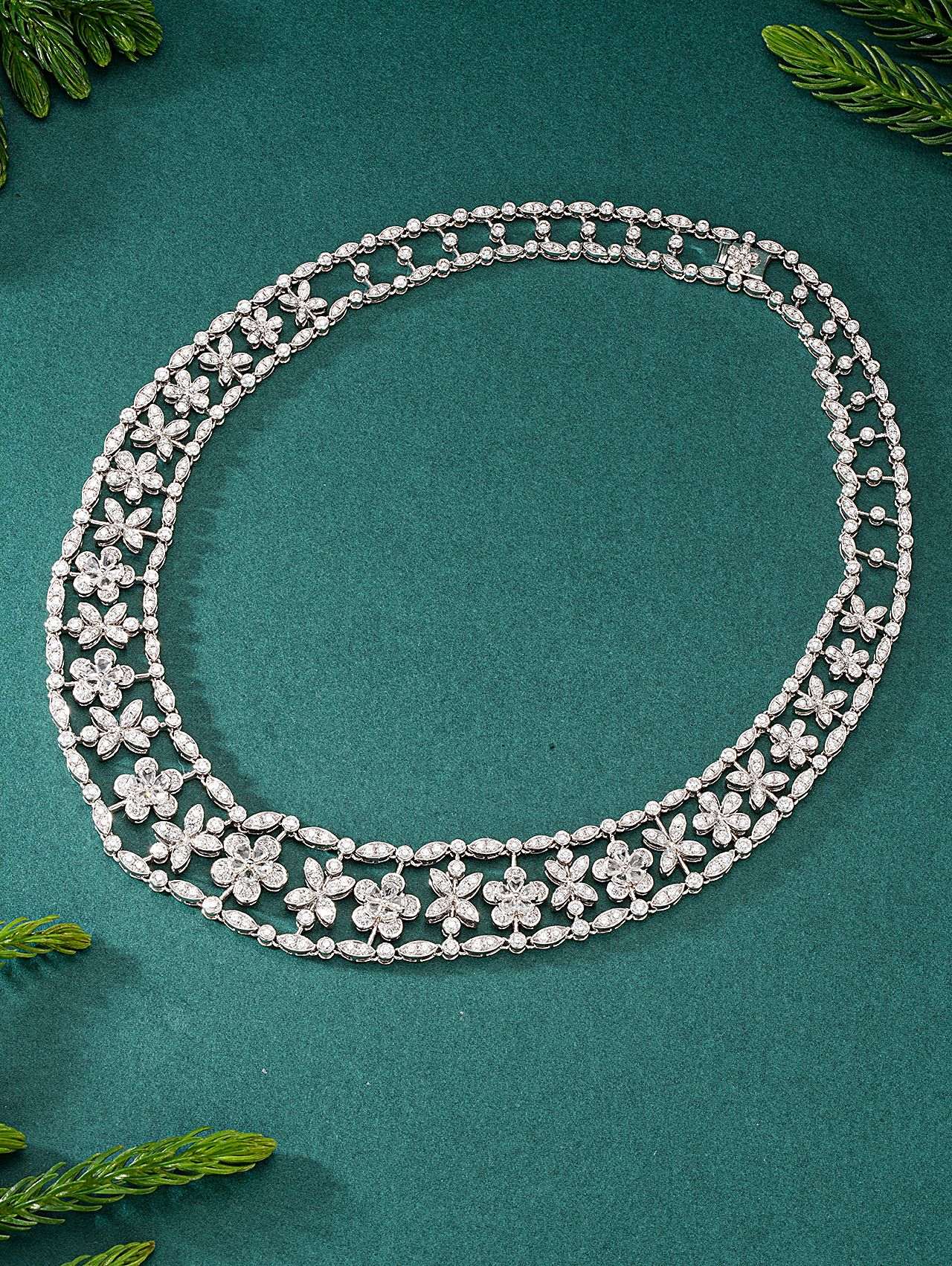 Diamond Encrusted Pendant Set: Five-Flower and Waterdrop Design Jewelry - White Diamond Necklace